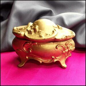 Antique Victorian Art Nouveau Gold Jewelry Box Casket w Pink Silk